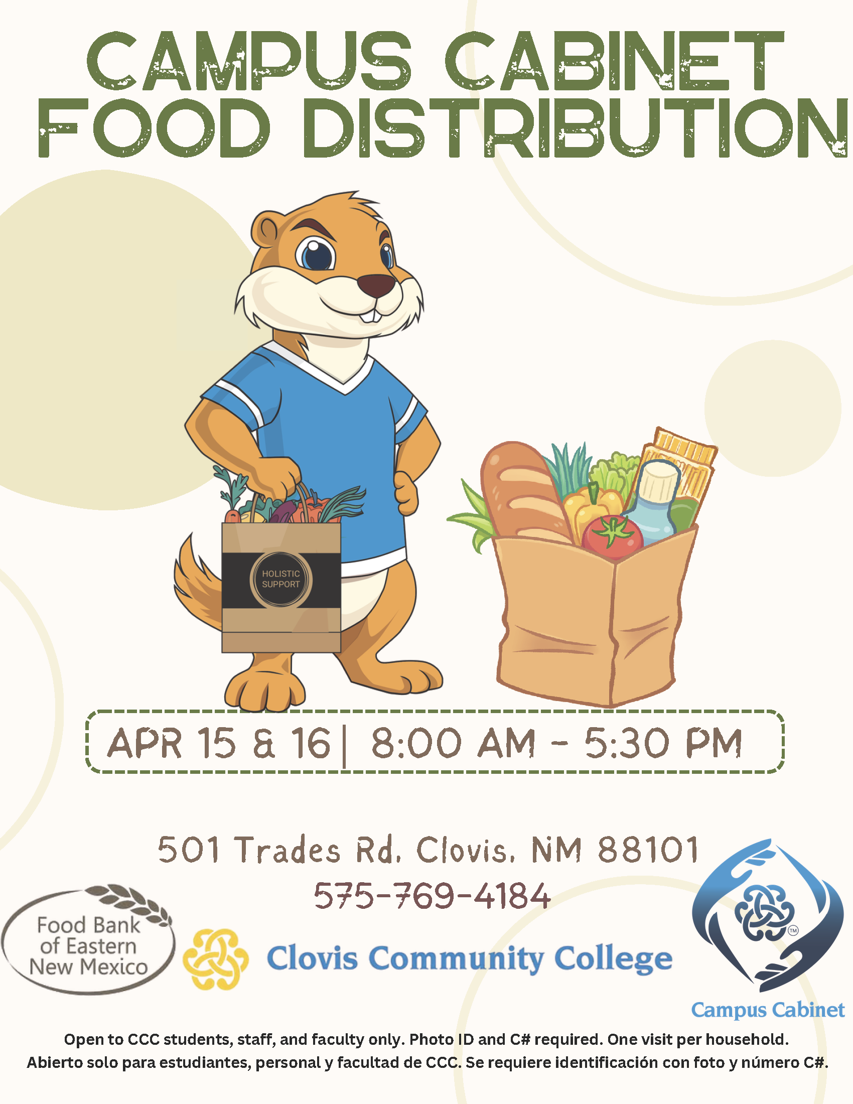 campus cabinet food distribution dates april 15th & 16th from 8am - 5:30pm