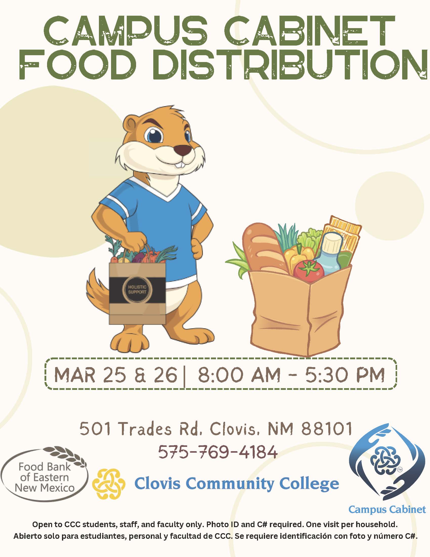 campus cabinet food distribution dates Feb. 25 & 26 from 8am - 5:30pm