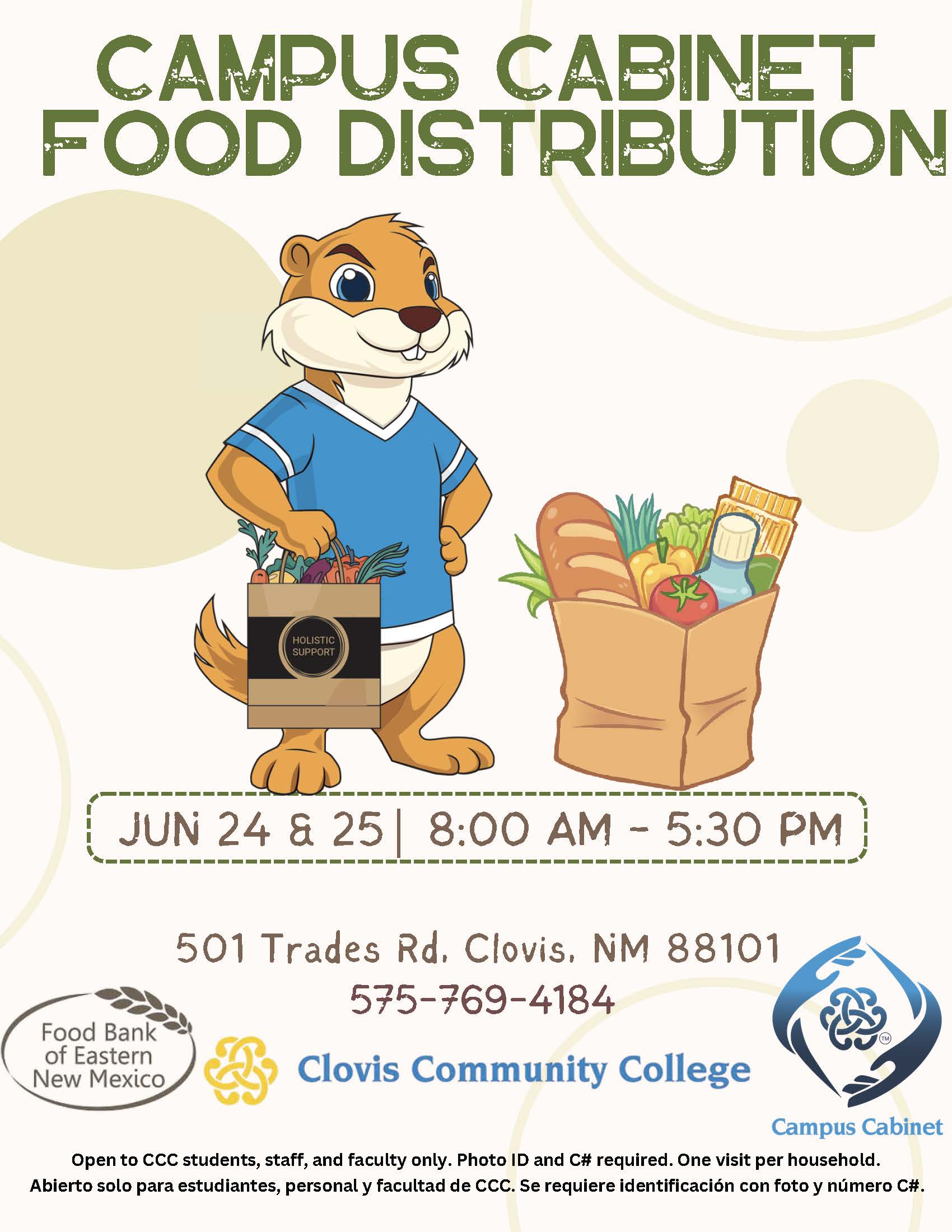 campus cabinet food distribution dates June 24th & 25th from 8am - 5:30pm