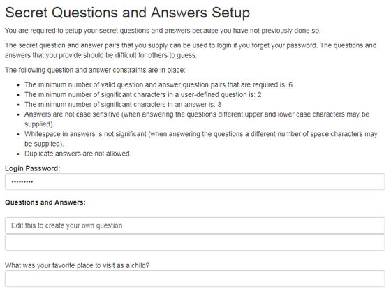 Secret Question Setup